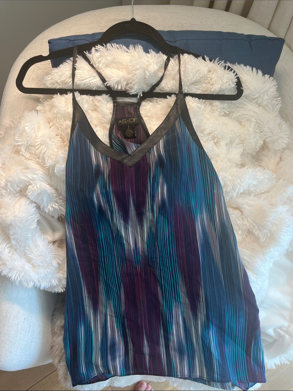 AS•DF Striped V-Neck Satin Cami in Teal & Purple